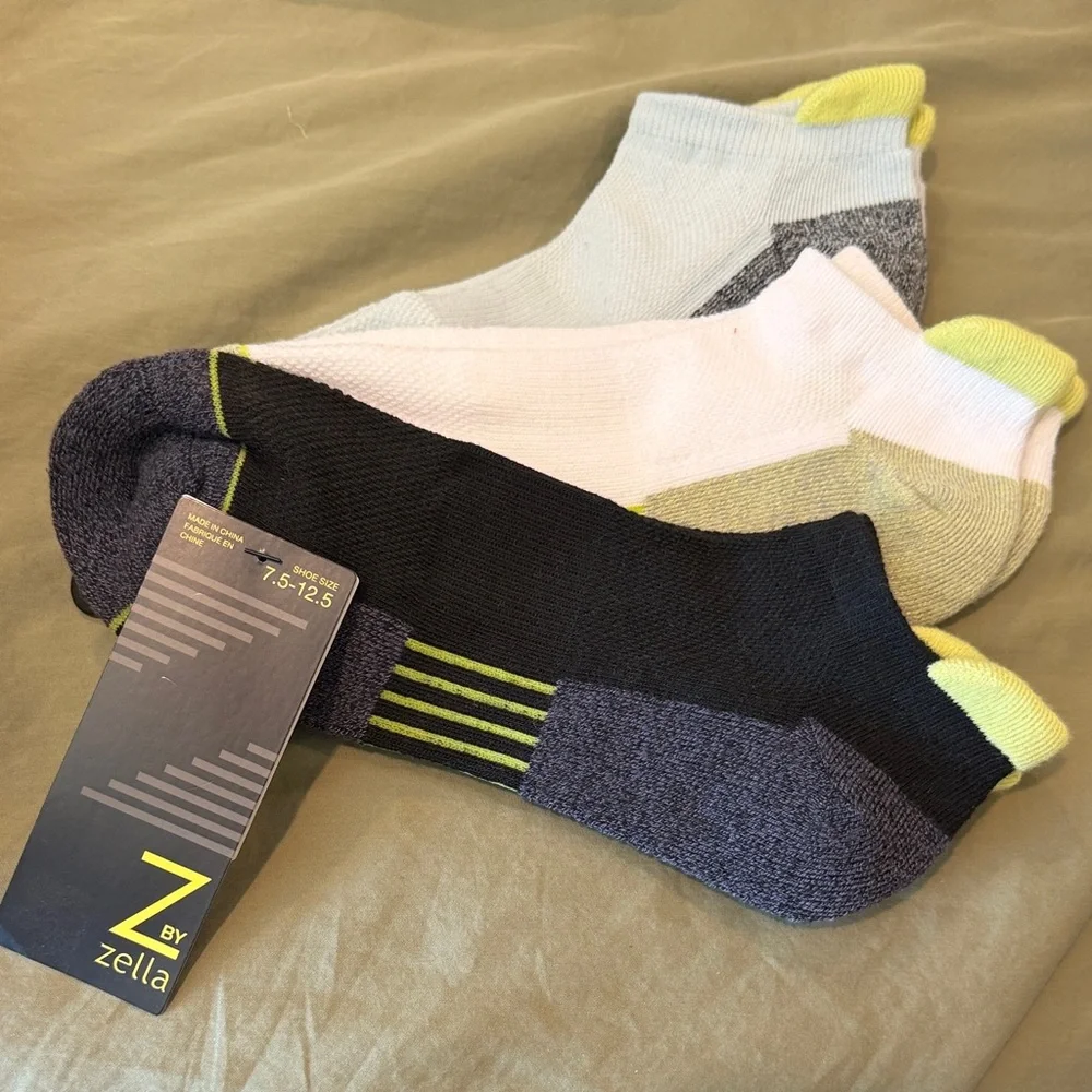 Zella 3-Pack Low-Cut Socks in Black, White, Light Blue with Lime Accents - Picture 1 of 2